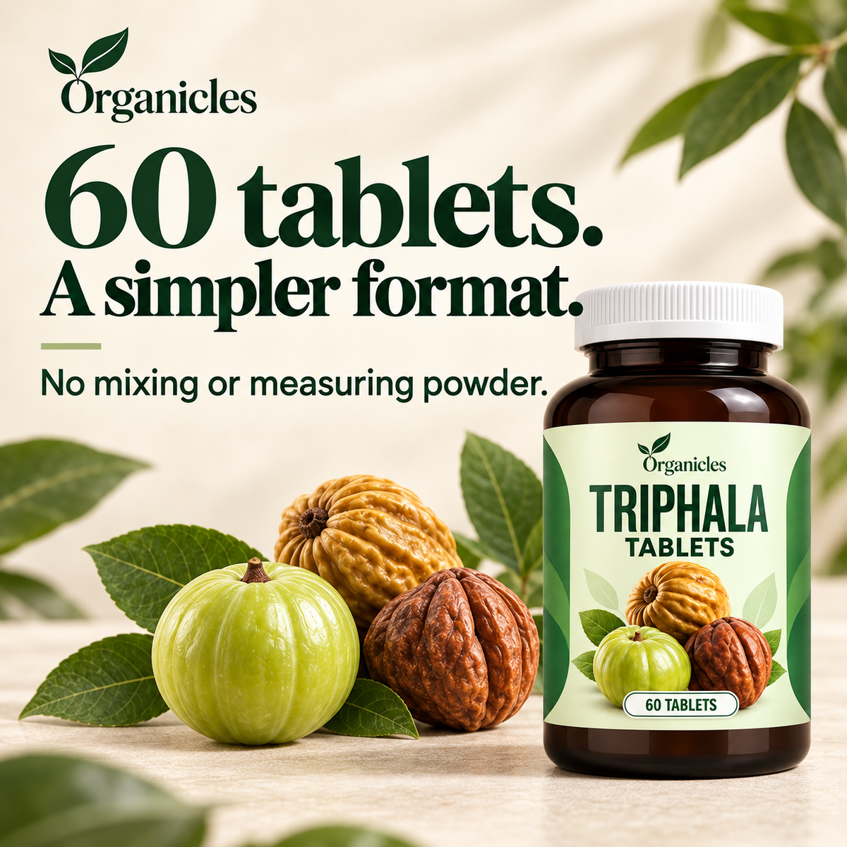 Illustrated Organicles triphala tablets: product format and botanical information. Product presentation illustration; packaging may vary.