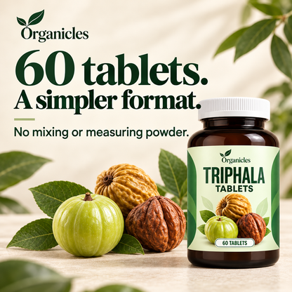 Illustrated Organicles triphala tablets: product format and botanical information. Product presentation illustration; packaging may vary.