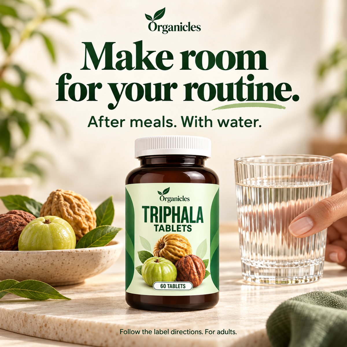 Illustrated Organicles triphala tablets: product format and botanical information. Product presentation illustration; packaging may vary.