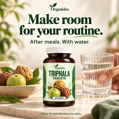 Illustrated Organicles triphala tablets: product format and botanical information. Product presentation illustration; packaging may vary.