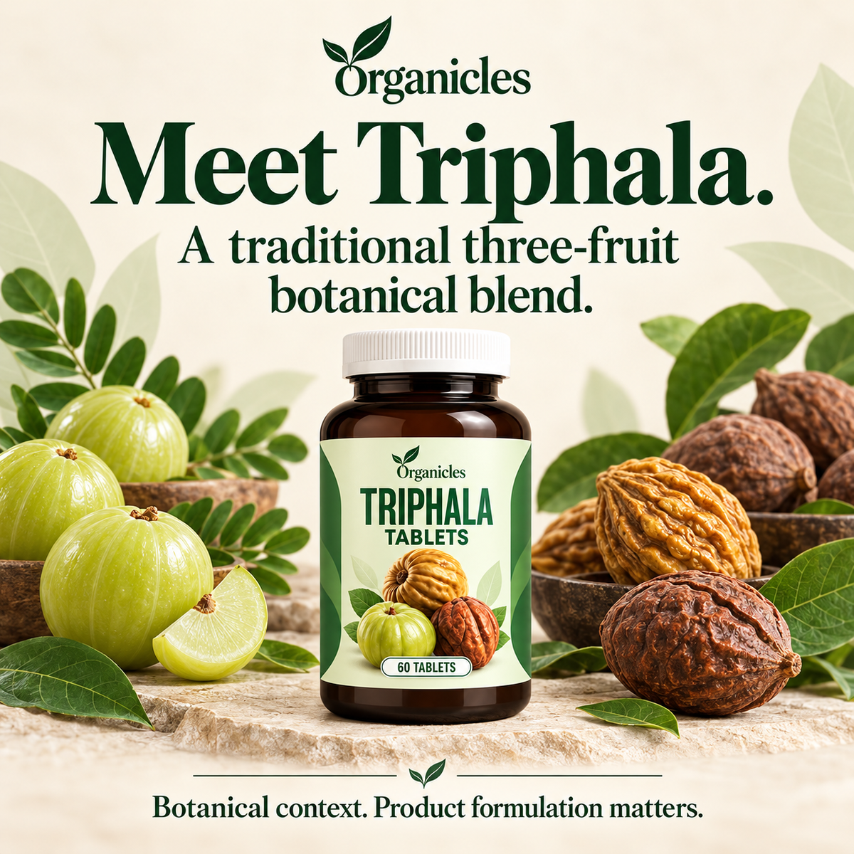 Illustrated Organicles triphala tablets: product format and botanical information. Product presentation illustration; packaging may vary.