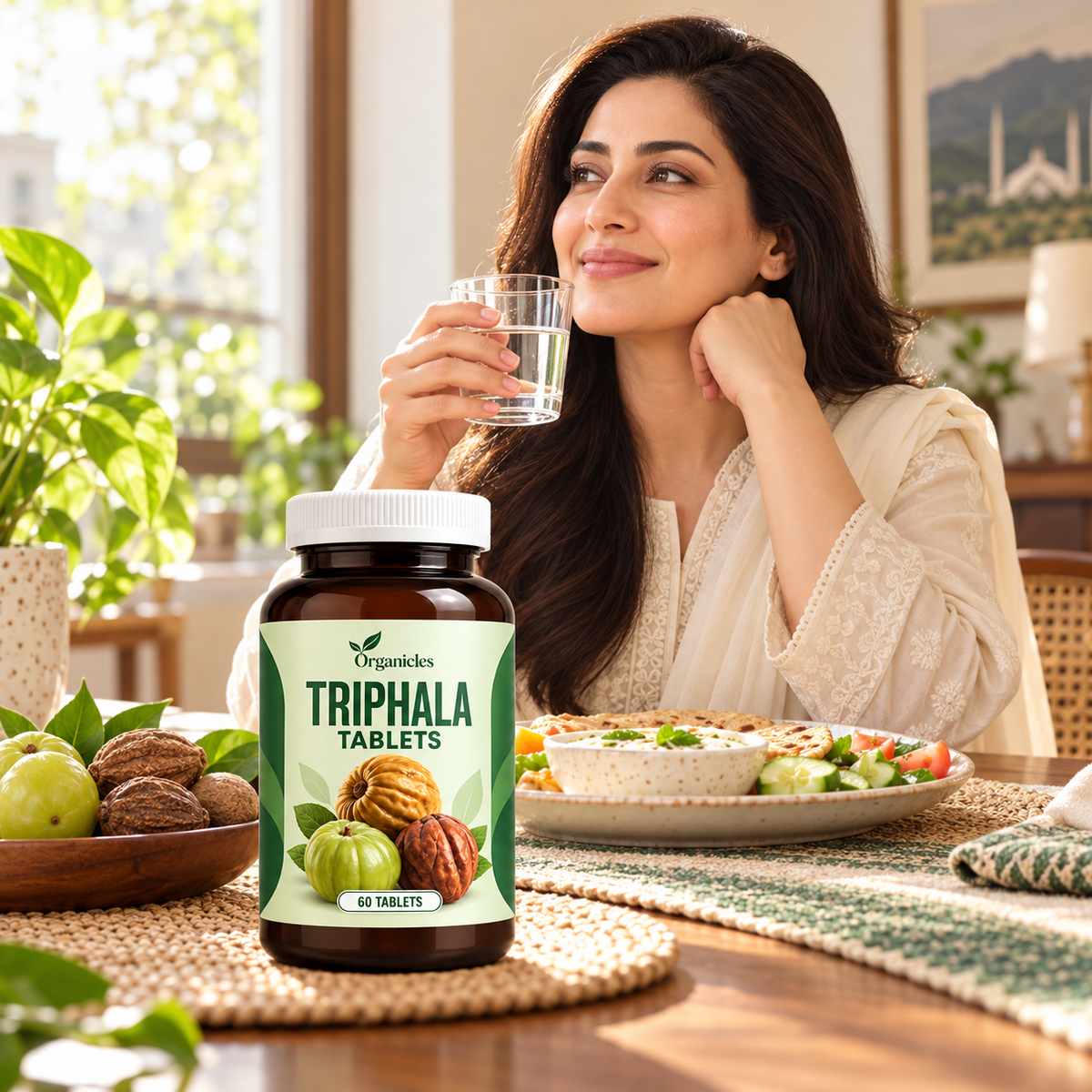 Illustrated Organicles triphala tablets: lifestyle scene with generated models. Product presentation illustration; packaging may vary.