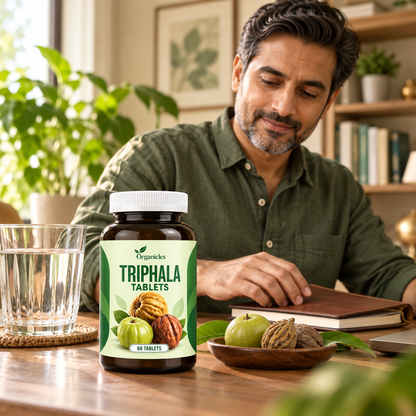 Illustrated Organicles triphala tablets: lifestyle scene with generated models. Product presentation illustration; packaging may vary.