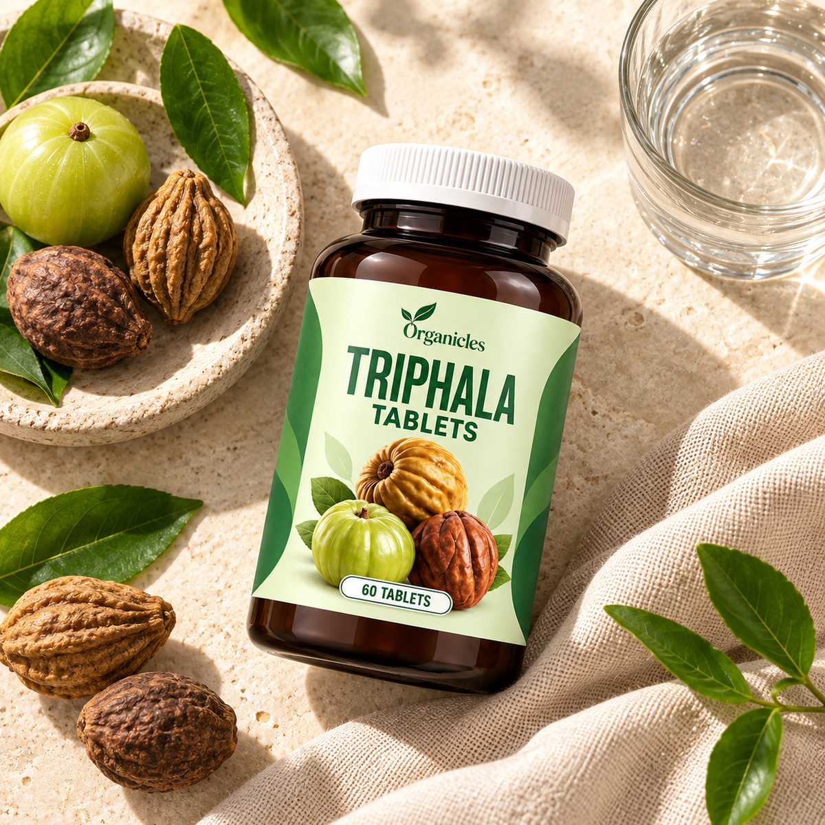 Illustrated Organicles triphala tablets: lifestyle scene with generated models. Product presentation illustration; packaging may vary.