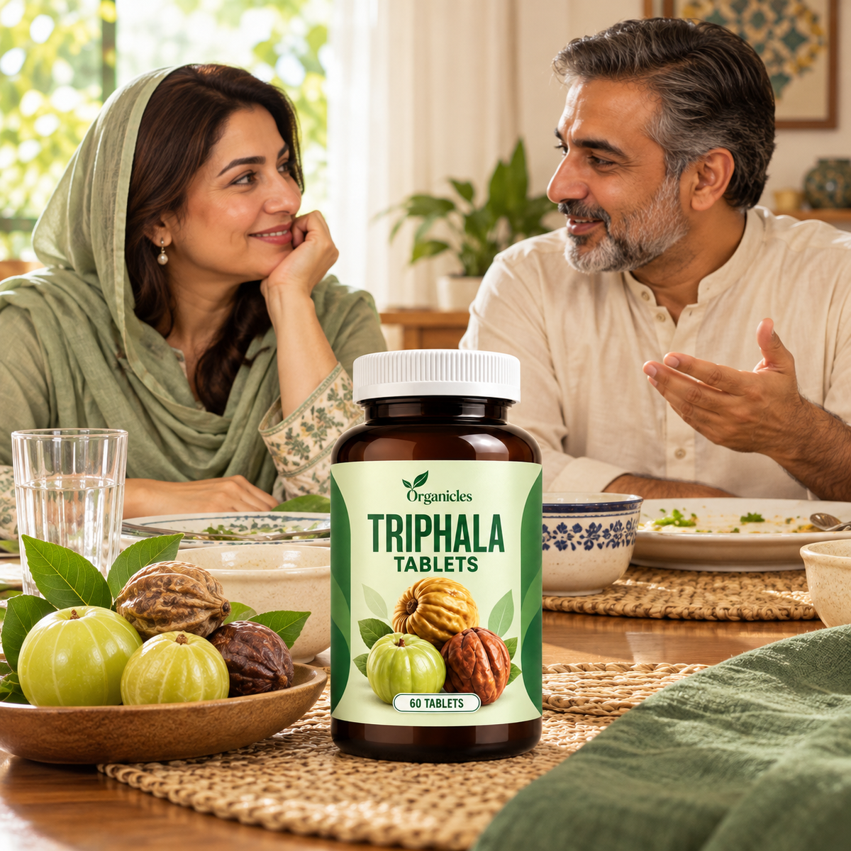 Illustrated Organicles triphala tablets: lifestyle scene with generated models. Product presentation illustration; packaging may vary.
