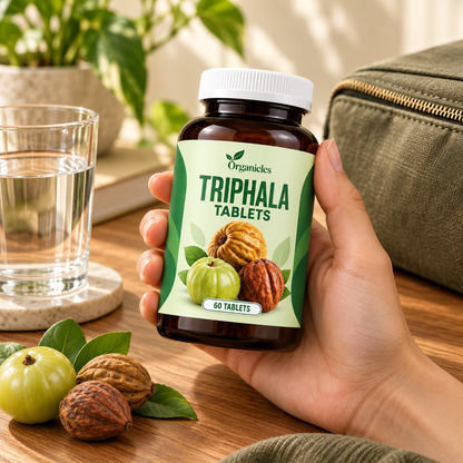 Illustrated Organicles triphala tablets: lifestyle scene with generated models. Product presentation illustration; packaging may vary.